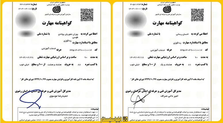 نمونه ای از مدرک پداگوژی ارائه شده توسط فنی و حرفه ای